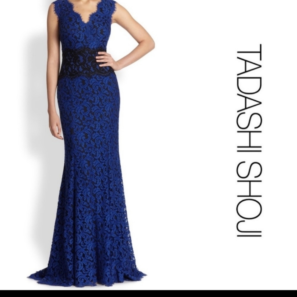 Tadashi Shoji Lace Contrast Waist Gown Blue Black 6